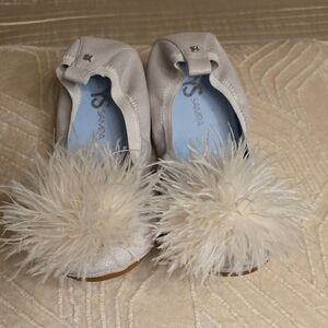 Yosi Samra Silver Flats with Cream Pom-Poms For Wedding EUC